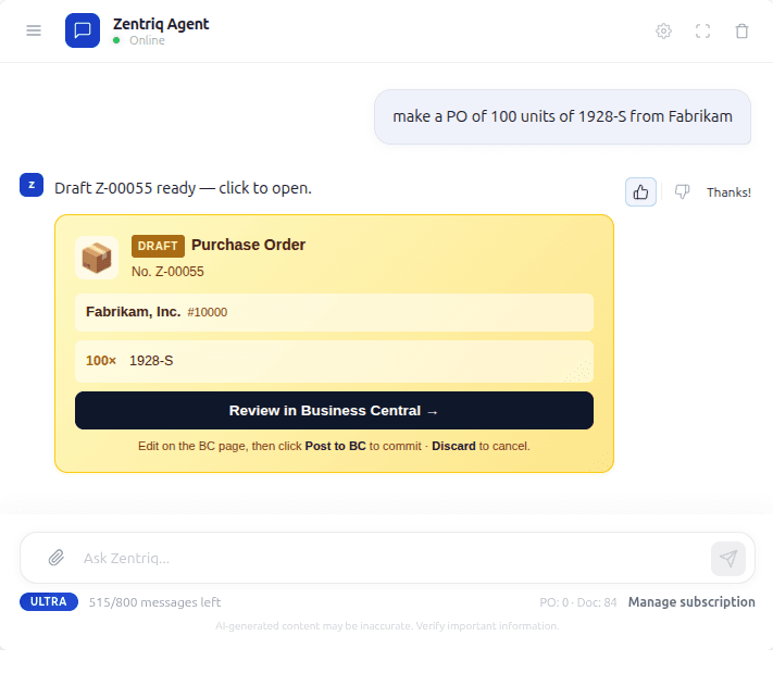 Zentriq Agent creating a Purchase Order draft inside Business Central from the prompt 'make a PO of 100 units of 1928-S from Fabrikam'